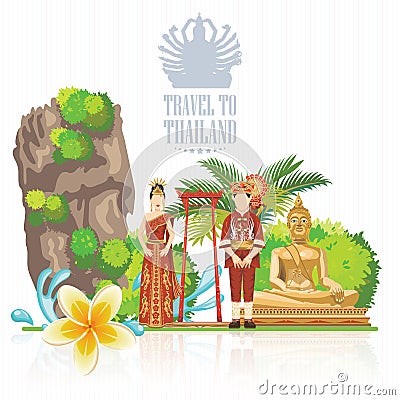 Travel Thailand landmarks with reflection. Thai vector icons. Vector Illustration
