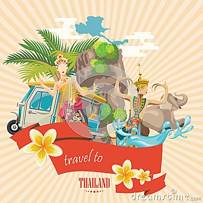 Travel Thailand landmarks on retro background. Thai vector icons. Vector Illustration