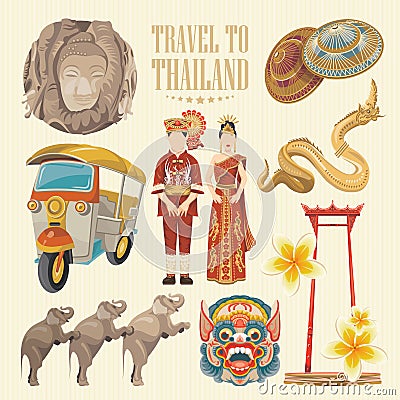 Travel Thailand landmarks set. Thai vector icons. Vector Illustration