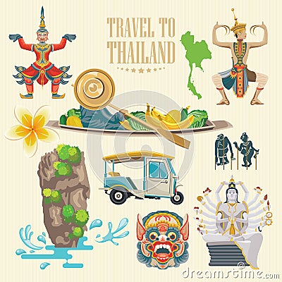 Travel Thailand landmarks set. Thai vector icons. Vector Illustration
