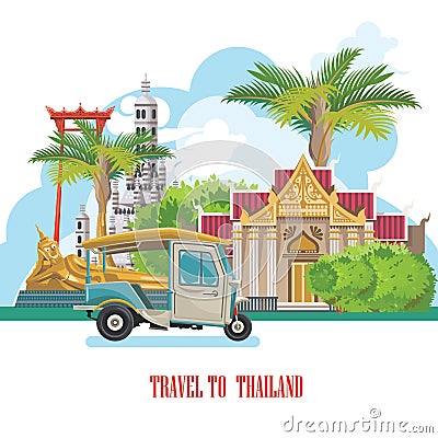 Travel Thailand landmarks with tuktuk. Thai vector icons. Vector Illustration