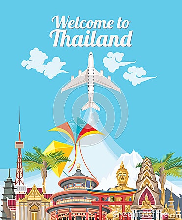 Travel Thailand poster. Thai vector icons. Vector Illustration