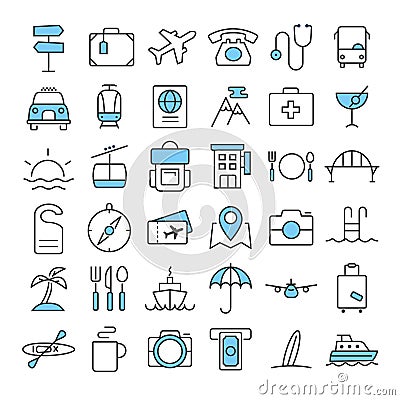 Travel thin line color icons set Vector Illustration