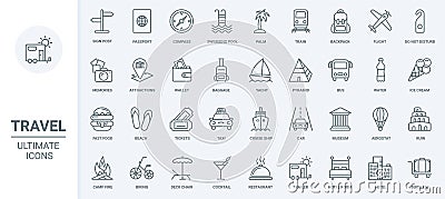 Travel thin line icons set, cruise collection with passport, beach pool and suitcase Vector Illustration