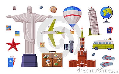 Travel Time with City Landmark and Tourism Attribute Like Airplane, Globe and Camera Vector Set Vector Illustration