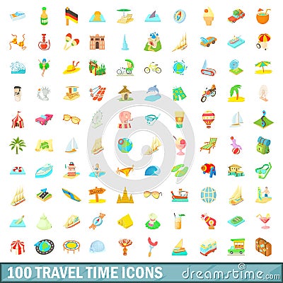 100 travel time icons set, cartoon style Vector Illustration