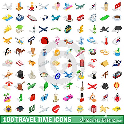 100 travel time icons set, isometric 3d style Vector Illustration