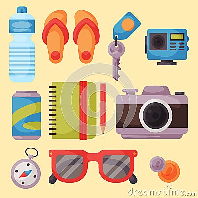 Travel time summer vacation vector accessory in flat style with traveling and tourism icons. Vector Illustration