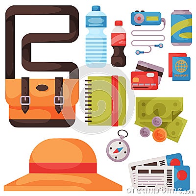 Travel time summer vacation vector accessory in flat style with traveling and tourism icons. Vector Illustration