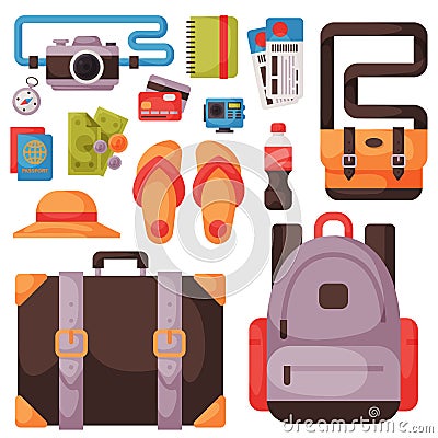 Travel time summer vacation vector accessory in flat style with traveling and tourism icons. Vector Illustration