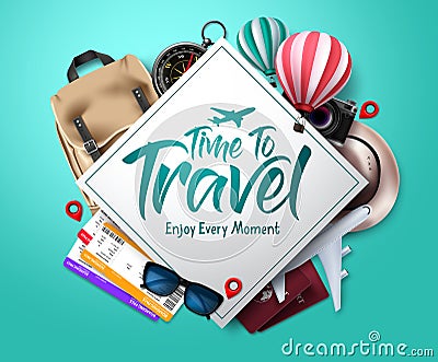 Travel time vector template design. Time to travel text in empty space frame with traveler elements Vector Illustration