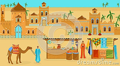 Travel to Africa vector illustration, cartoon flat desert African landscape with old houses buildings or castle, street Vector Illustration