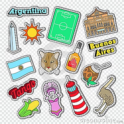 Travel to Argentina Doodle. Argentinian Stickers, Badges and Patches with Animals and Architecture Vector Illustration