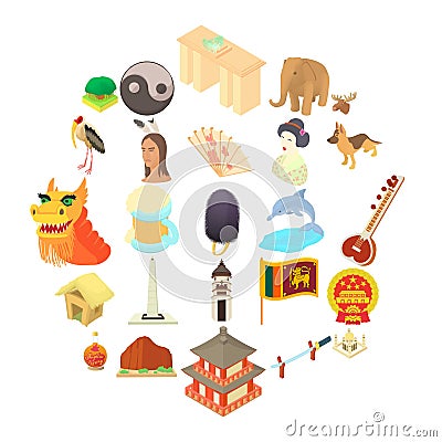 Travel to Asia icons set, cartoon style Vector Illustration