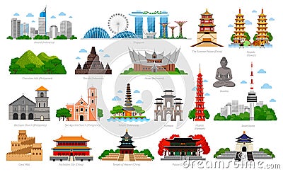 Travel to Asia. Singapore, Indonesia, Bali, China, South Korea, Taiwan, Vietnam. Vector Illustration