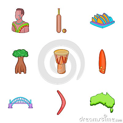 Travel to Australia icons set, cartoon style Vector Illustration