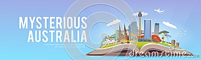 Travel to Australia. Open book with landmarks. Vector Illustration