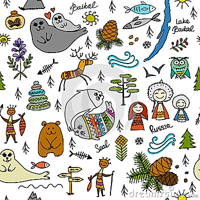 Travel to Baikal, Russia. Seamless pattern for your design Vector Illustration