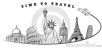 Travel to Big Ben London, Eiffel tower Paris, Roma Colloseum, Pisa, Statue of liberty NYC, Vector Illustration