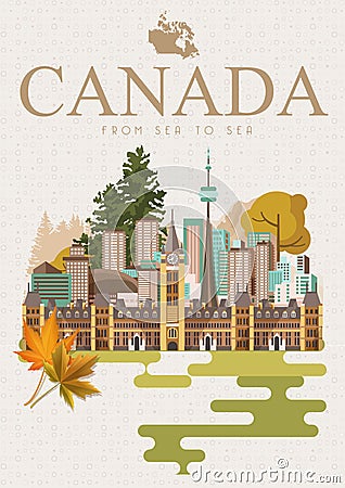 Travel to Canada. Canadian vector illustration with light background. Retro style. Travel postcard. Vector Illustration