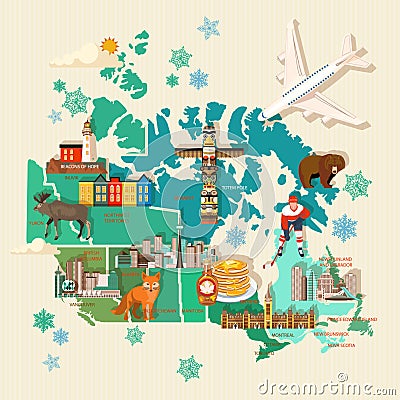 Travel to Canada. Light design. Canadian vector illustration with map and airplane. Retro style. Travel postcard. Vector Illustration