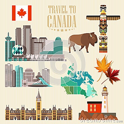 Travel to Canada. Light design. Set with canadian cities. Canadian vector illustration. Retro style. Travel postcard. Vector Illustration