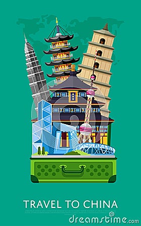 Travel to China banner with famous buildings Vector Illustration