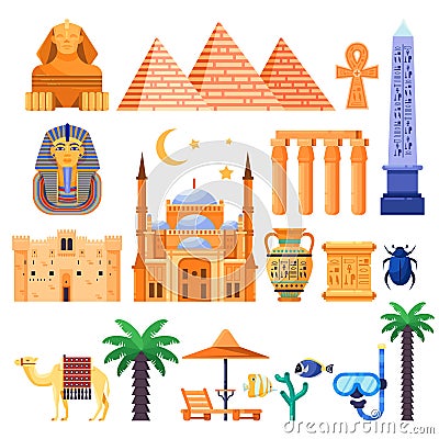 Travel to Egypt vector icons and design elements. Egyptian national symbols and ancient landmarks flat illustration Vector Illustration