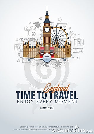 Travel to England. Time to Travel. Banner with airplane and hand-draw doodles on the background. Vector Illustration. Vector Illustration