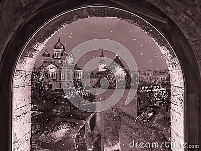 Travel to Europe Estonia Tallinn medieval towers view from window at old town cafedral Aleksandr Nevskiy panor Stock Photo