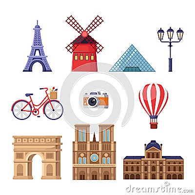 Travel to France design elements. Paris tourist landmarks illustration. Vector cartoon isolated icons set. Vector Illustration