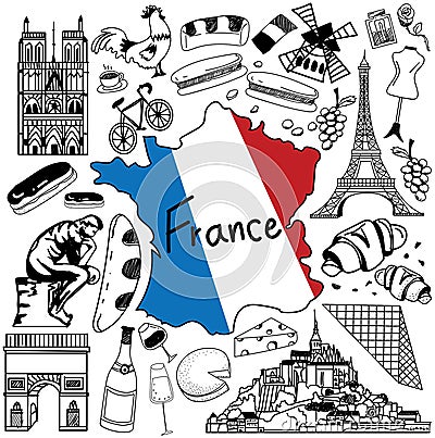 Travel to France doodle drawing icon. Vector Illustration