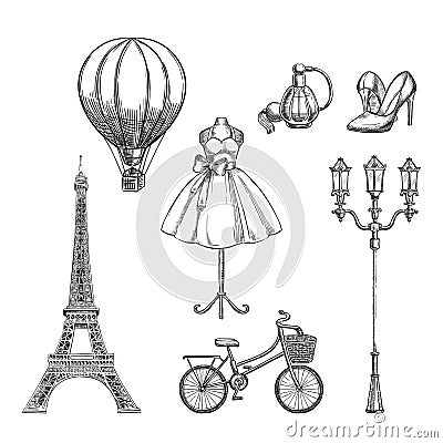 Travel to France hand drawn isolated design elements. Paris sketch vector illustration Vector Illustration