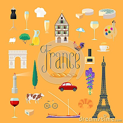 Travel to France vector icons set Vector Illustration