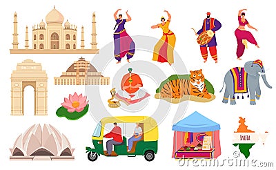 Travel to India, indian landmark tourism set of vector illustrations. Taj mahal building architecture and culture Vector Illustration