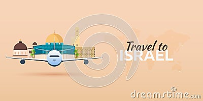 Travel to Israel. Airplane with Attractions. Travel banners. Flat style. Stock Photo