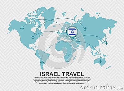 Travel to Israel poster with world map and flying plane route business background tourism destination concept Vector Illustration