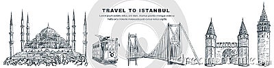 Travel to Istanbul hand drawn landmarks. Vector sketch illustration of Blue Mosque, Galata Tower, tram, Topkapi Palace Vector Illustration