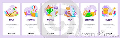 Travel to Italy, France, Mexico, USA, Germany, Russia. Mobile app onboarding screens, vector website banner template. Cartoon Illustration