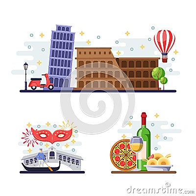 Travel to Italy vector flat illustration. Rome, Pisa, Venice city symbols, landmarks and food. Italian design elements Vector Illustration