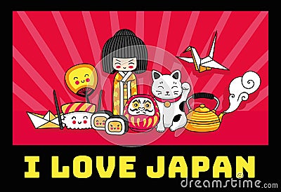 Travel to Japan. Cute cartoon concept for print, poster, postcard. Kawaii kokeshi doll, maneki-neko, origami, sushi Vector Illustration