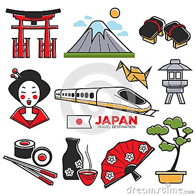 Travel to Japan touristic map with traditional attributes Vector Illustration