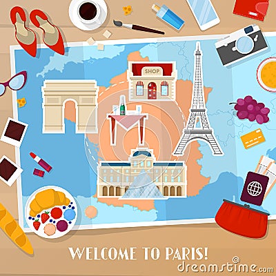 Travel to Paris France. Tourism and Vacation Background with Map, Architecture and Traveling Icons Vector Illustration