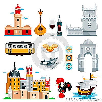 Travel to Portugal icons and isolated design elements set. Vector Portuguese and Lisbon culture symbols, food, landmarks Vector Illustration