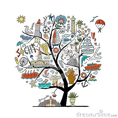 Travel to Sochi, Russian City on Black Sea. Tourism Concept. Circle Art tree concept for your design Vector Illustration