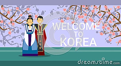 Travel To South Korea Banner, Happy Korean Coupe Wearing Raditional Costumes Over Sakura Tree Blossom Vector Illustration