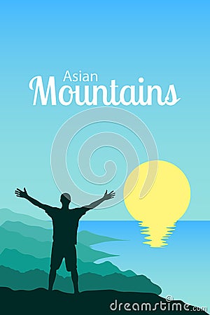 Travel to Thailand and Asia. Vector illustration with a man on the background of mountain ranges, sun and sea harbors. A tourist Vector Illustration
