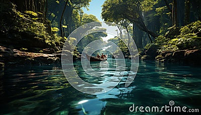 Travel to tropical rainforest, canoeing on tranquil pond, surrounded by nature beauty generated by AI Stock Photo