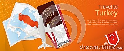 Travel to Turkey pop-under banner. Trip banner with passport, tickets, airplane, boarding pass, map and flag of Turkey Vector Illustration
