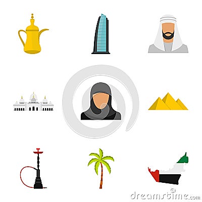 Travel to UAE icons set, flat style Vector Illustration